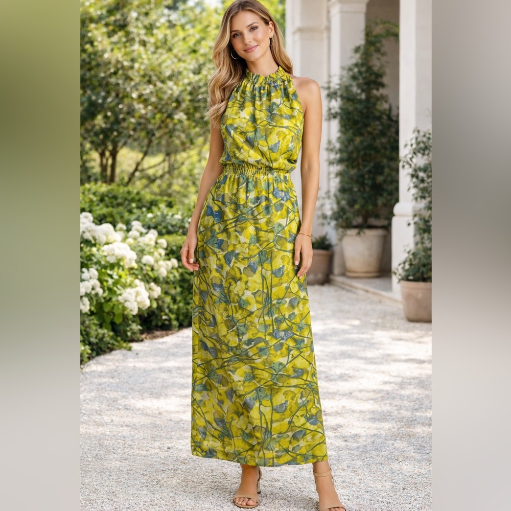 Prologue Yellow Green Floral Maxi Dress Halter Neck Sleeveless Size S